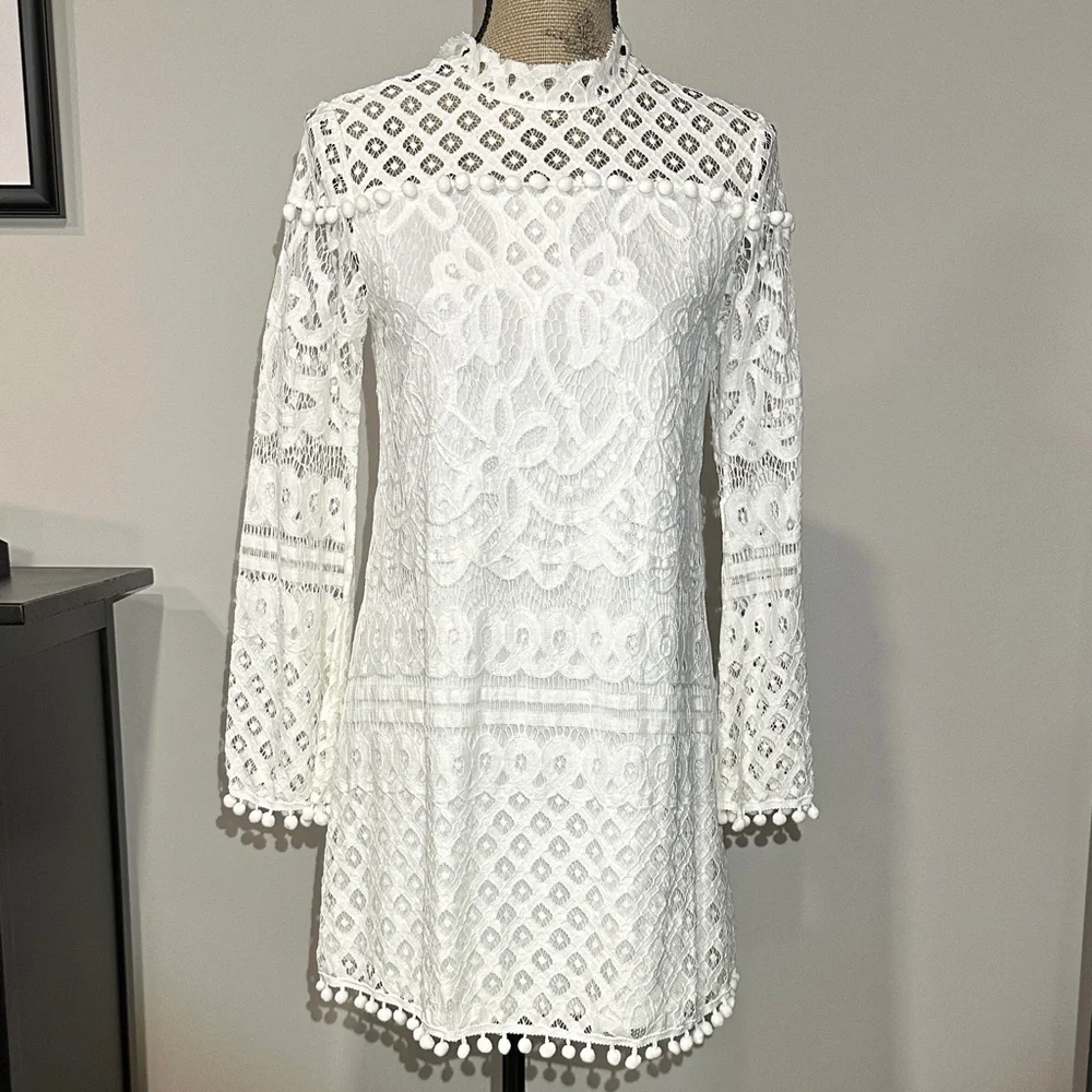White Lace shift mini Dress with pompom ricrac details size small - Picture 4 of 13